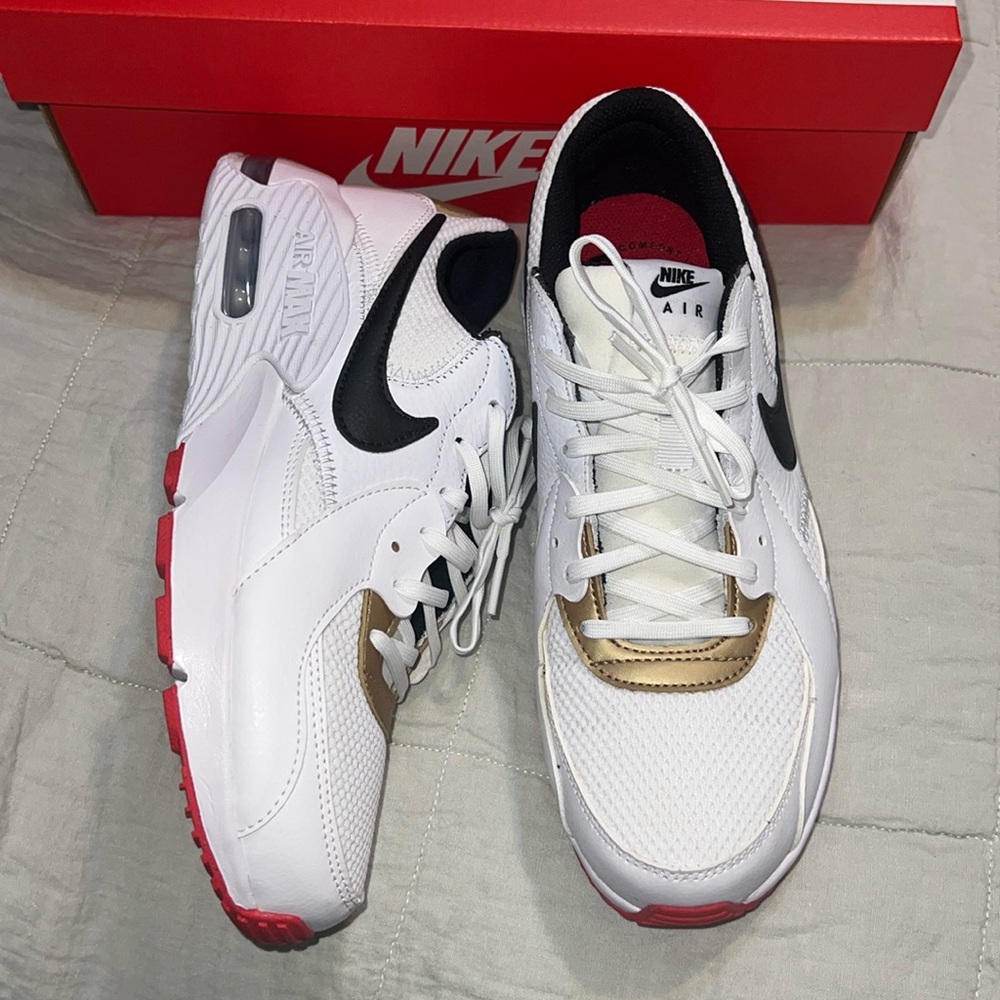 Size 9 Women’s Nike Air Max Excee white/black/university red/gold. New in box